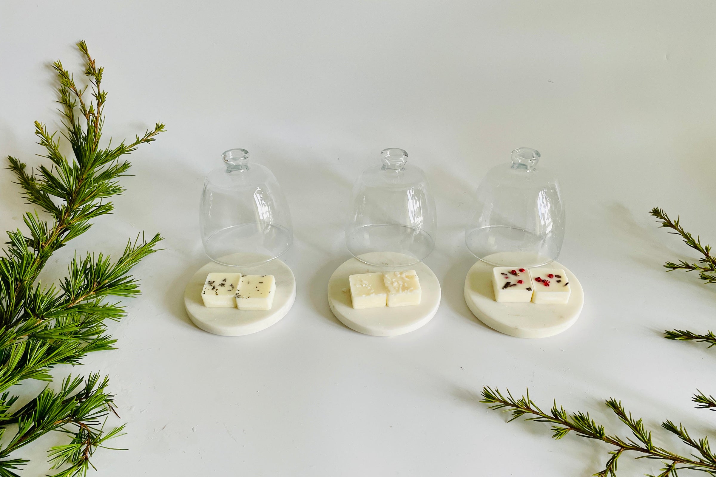 Luxury scented candle gift set with glass candle holder, luxury white box and ribbon and postcard for personalised message. Peace Lily plant in background.